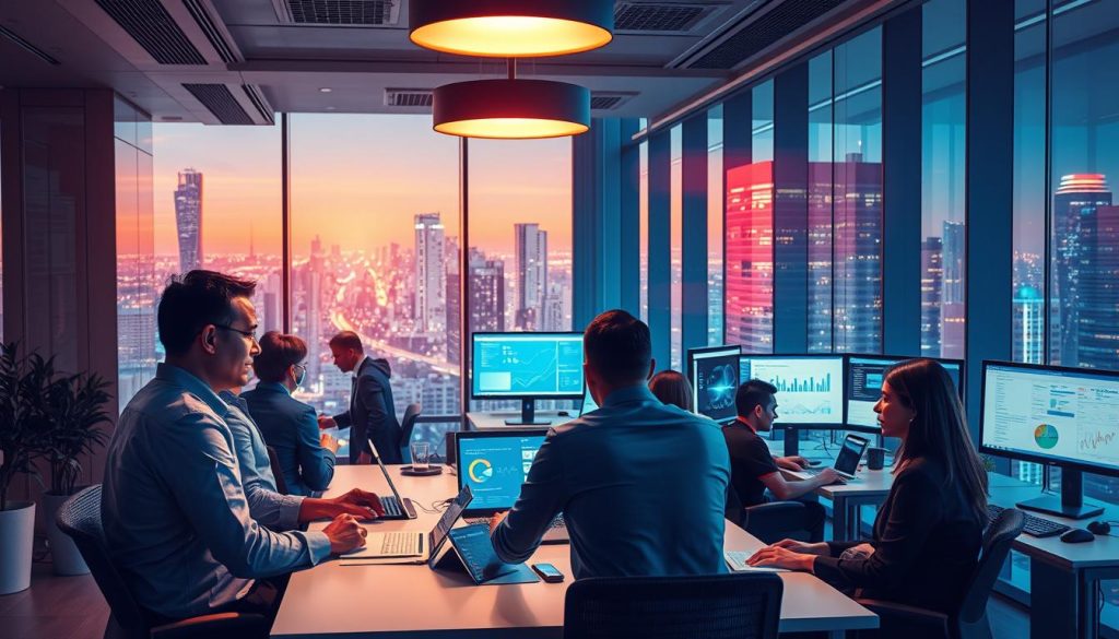 A bustling office scene depicting the adaptive strategies of a modern business in the age of AI. In the foreground, executives strategize around a conference table, their faces illuminated by a warm, overhead lighting. In the middle ground, employees diligently work at their desks, their computer screens displaying analytics and data visualizations. The background showcases a sleek, high-tech office interior with floor-to-ceiling windows offering a panoramic view of a dynamic cityscape. The overall atmosphere conveys a sense of innovative problem-solving and forward-thinking in the face of AI-driven disruption.