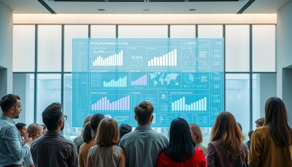 A crisp, high-resolution image depicting an AI Employment Perception Survey. In the foreground, a diverse group of people examining various charts and graphs, their expressions ranging from contemplation to concern. The middle ground features a large holographic display showcasing statistical data and AI-related employment trends. The background is a minimalist office setting, with clean lines, large windows, and subtle, warm lighting creating a contemplative atmosphere. The overall scene conveys a sense of thoughtful analysis and a desire to understand the public's sentiments towards the impact of AI on the job market.