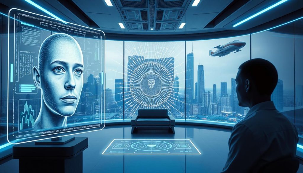 A futuristic scene of advanced AI-powered lie detection technologies. In the foreground, a holographic display showcases a sophisticated facial analysis system, its algorithms scanning for micro-expressions and subtle behavioral cues. The middle ground depicts a sleek, minimalist interrogation room, bathed in cool, blue-tinged lighting. Floating interface panels project biometric data and real-time analysis. In the background, a cityscape of gleaming skyscrapers and hovering vehicles hints at a highly technologized urban environment. An atmosphere of clinical precision and unnerving precision pervades the scene, hinting at both the power and ethical complexities of this emerging field.