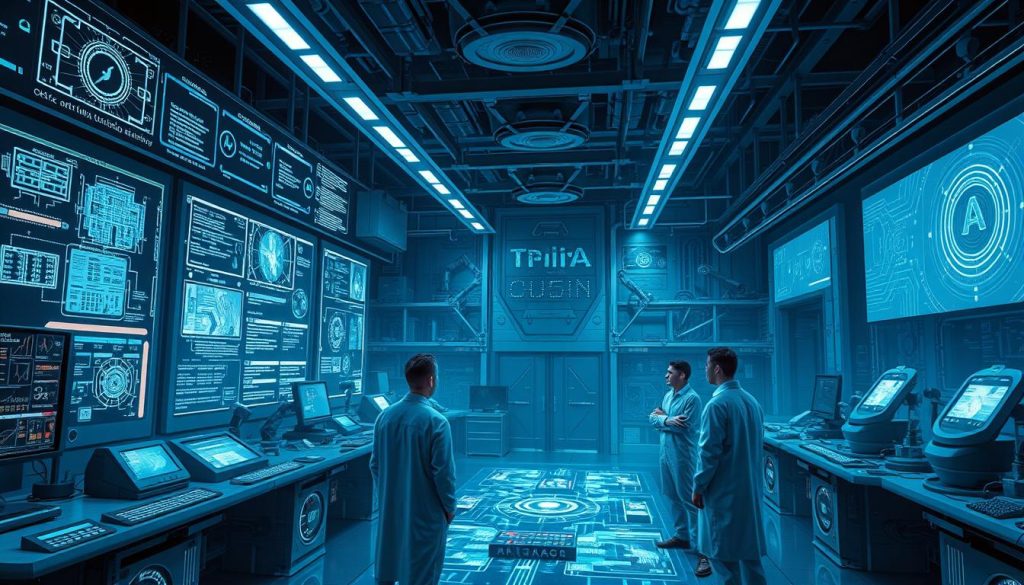 A highly detailed digital illustration of a futuristic laboratory, bathed in cool, bluish lighting. In the foreground, a group of scientists and engineers examine various holographic displays and control panels, deep in discussion about risk mitigation strategies for advanced AI systems. The mid-ground features complex algorithms and data visualizations projected onto the walls, while the background showcases a vast array of advanced technologies, including robotic arms, sensor arrays, and intricate machinery. The overall scene conveys a sense of focused, collaborative effort to address the challenging problem of ensuring the safe and beneficial development of artificial intelligence.