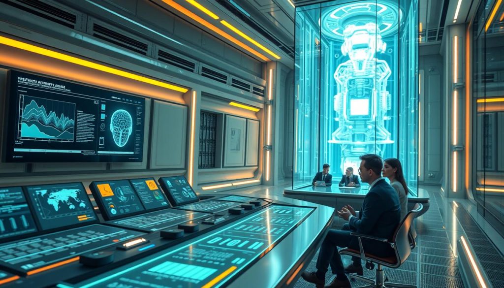 A highly detailed, meticulously rendered image of a futuristic regulatory framework for AI risk management. The foreground depicts a sleek, minimalist command console with holographic displays showcasing complex data visualizations and risk assessment models. The middle ground features a team of AI ethicists and policy experts in deep discussion, their expressions thoughtful and serious. In the background, a towering, glass-enclosed chamber houses a powerful AI system, its inner workings glowing with an ethereal light. The overall scene conveys a sense of technological sophistication, scientific rigor, and the gravity of the regulatory challenges surrounding the use of AI in high-stakes decision-making.