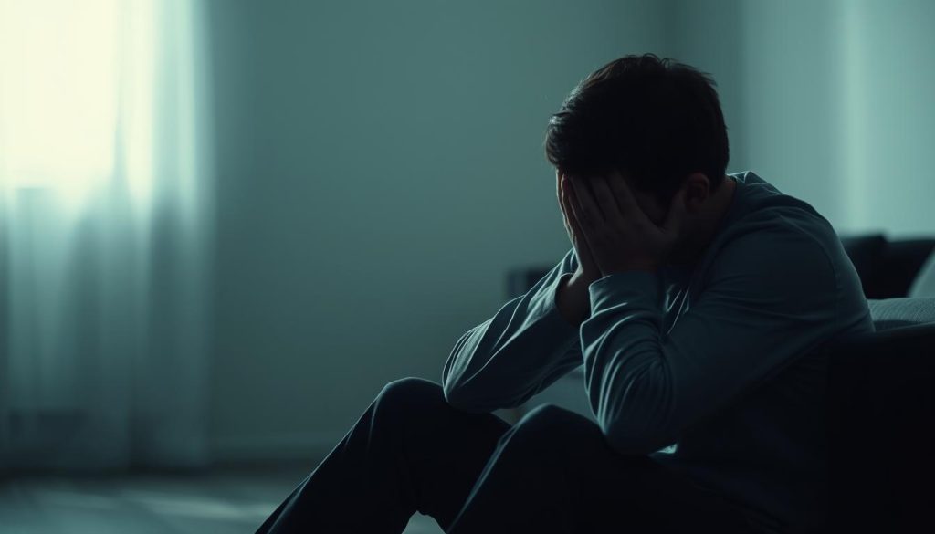 A somber figure sits alone in a dimly lit room, head in hands, overwhelmed by the weight of unemployment's psychological toll. The background is blurred, conveying a sense of isolation and detachment from the outside world. Soft, moody lighting casts long shadows, enhancing the melancholic atmosphere. The subject's posture and facial expression reflect deep anguish, anxiety, and a profound sense of loss. The scene evokes a powerful emotional response, capturing the profound and often invisible human impact of AI-driven job displacement.
