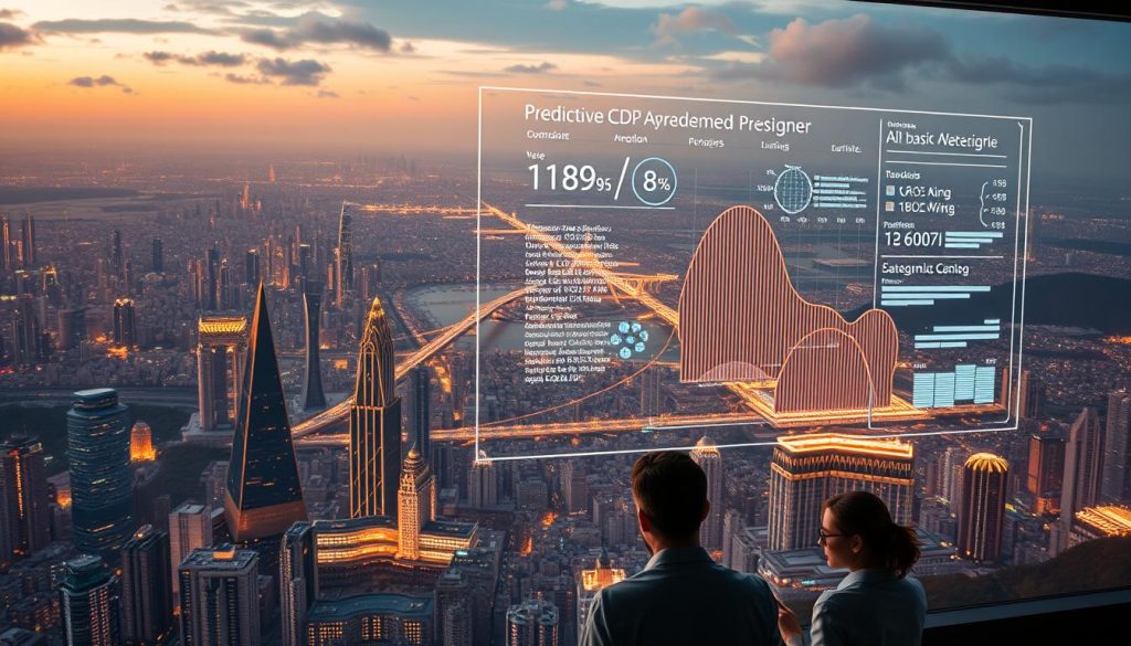 A vast, sprawling cityscape stretches out in the distance, its towering skyscrapers and futuristic architecture bathed in a warm, golden glow. In the foreground, a sleek, holographic display hovers, projecting intricate data visualizations and predictive models. Algorithms race across the screen, anticipating and analyzing risks with unparalleled precision. In the middle ground, a team of scientists and engineers pore over the data, their expressions a mixture of concern and determination. The atmosphere is one of urgency and innovation, as they work tirelessly to harness the power of AI to safeguard the future. The scene is framed by a dramatic, cinematic lighting, casting deep shadows and highlighting the technological prowess on display.