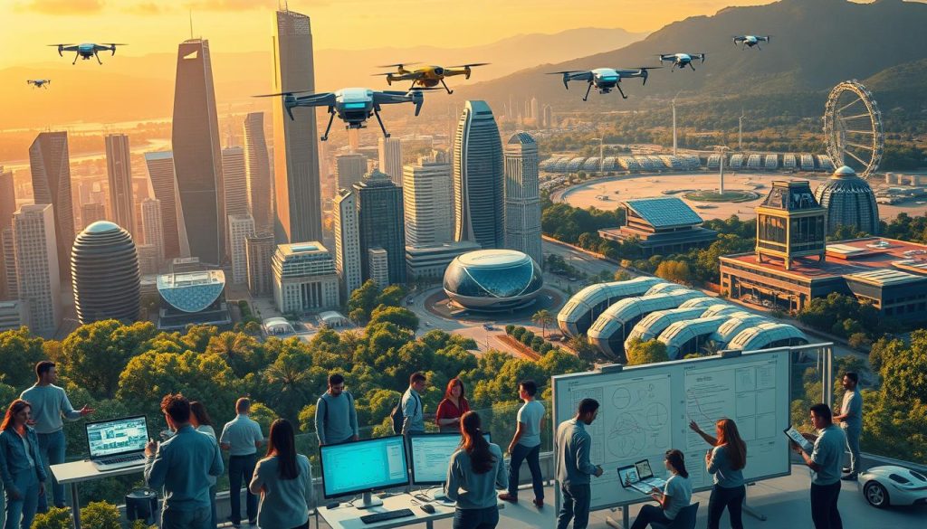 A vibrant, futuristic cityscape with towering skyscrapers and hovering drones. In the foreground, a diverse group of people engage in various activities - coding on holographic interfaces, operating advanced robotics, collaborating on virtual whiteboards. The middle ground features state-of-the-art educational facilities, where students of all ages learn cutting-edge AI, robotics, and data science skills. The background is a lush, verdant landscape with renewable energy sources and autonomous vehicles, conveying a sense of sustainable, technology-driven progress. Warm, diffused lighting illuminates the scene, creating a sense of optimism and possibility for the future workforce.