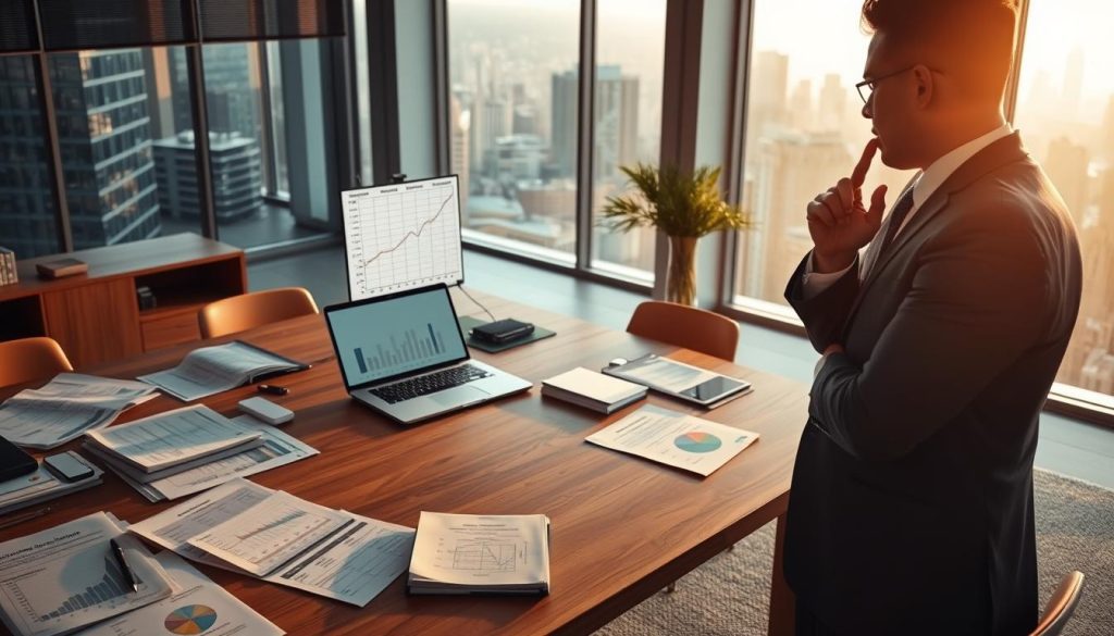A well-lit office setting, with a large wooden desk at the center. On the desk, various financial documents, folders, and a laptop display a spreadsheet showing alternative risk assessment methods. In the foreground, a person in a business suit stands, pointing at the laptop screen, deep in thought. The background features floor-to-ceiling windows overlooking a cityscape, bathed in warm, natural lighting. The overall atmosphere conveys a sense of serious deliberation and a search for effective solutions to the challenges of AI-driven risk assessment.