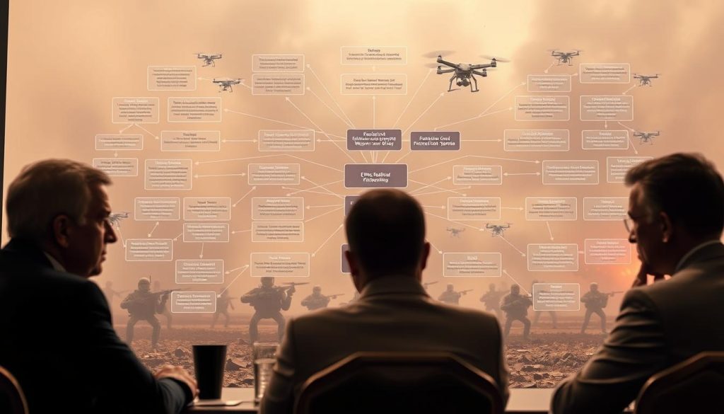 An expansive regulatory framework, with interconnected policies and guidelines, governing the use of autonomous weapons systems in modern warfare. In the foreground, a panel of international representatives discussing the ethical and legal implications of AI-driven combat, their expressions somber and contemplative. In the middle ground, a visualization of the complex web of treaties, protocols, and oversight mechanisms that seek to mitigate the risks of unchecked military AI. In the background, a battlefield of the near-future, drones and robotic sentries patrolling amidst the smoky haze, a stark reminder of the pressing need for comprehensive AI warfare regulation. Soft, warm lighting illuminates the scene, creating an atmosphere of gravity and urgency. The camera angle is slightly elevated, giving a broad, panoramic view of the proceedings, conveying the global scale and importance of the subject matter.