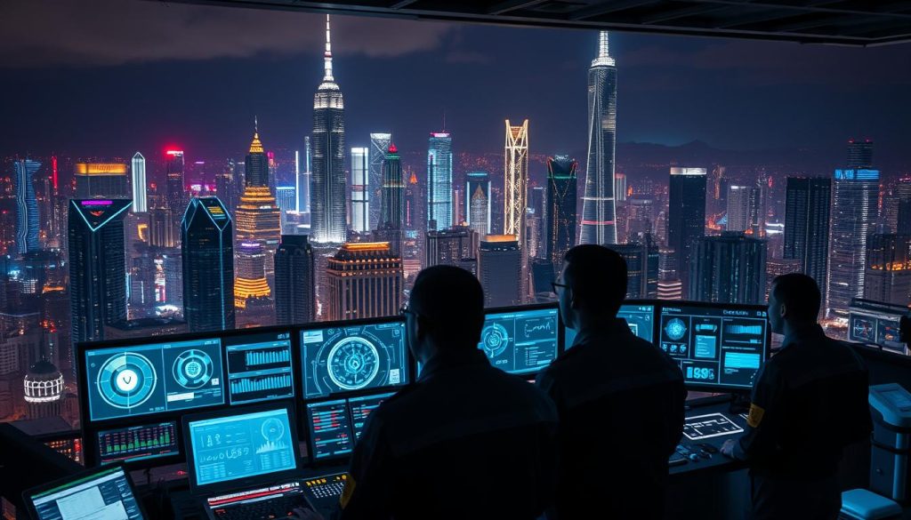 An intricate cityscape at night, with neon-lit high-rises and towering skyscrapers in the background. In the foreground, a central control room filled with holographic displays, data visualizations, and panels of AI-powered risk management algorithms. Technicians in futuristic uniforms monitor the systems, their faces illuminated by the soft glow of the screens. The atmosphere is tense yet focused, with a sense of urgency to balance innovation and safety in this advanced AI development facility. Dramatic lighting casts long shadows, emphasizing the complexity and gravity of the decisions being made. The image conveys the delicate balance required to harness the power of AI while mitigating its potential risks.