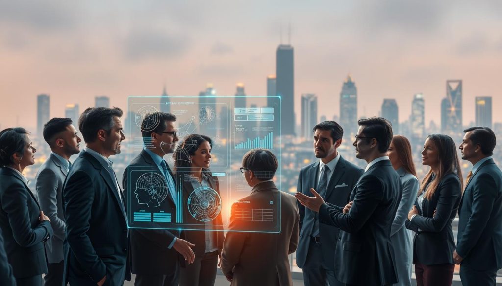 A conceptual illustration depicting AI regulatory frameworks, featuring a diverse group of professionals in business attire engaged in a discussion around a holographic interface displaying complex algorithms and safety regulations. In the foreground, a detailed hologram showcases intricate charts and data visualizations related to AI safety measures. The middle ground presents individuals collaborating actively, exchanging ideas with expressions of focus and concern. In the background, a futuristic cityscape symbolizes advanced technology, shrouded in soft ambient light. The atmosphere is serious yet hopeful, illuminated by a warm glow emanating from the holographic interface, emphasizing the importance of AI governance. Use a wide-angle lens for depth, capturing both the detailed foreground elements and the expansive background.