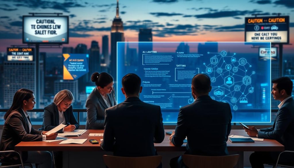 A conceptual representation of the "AI Scams Legal Landscape." In the foreground, a diverse group of professionals in business attire is gathered around a large table, discussing legal documents and digital devices, symbolizing collaboration in legal matters against AI scams. In the middle ground, a transparent screen displays complex algorithms and phishing tactics, illuminated in soft blue light, connecting the professionals' discussions. The background features a city skyline at dusk, emphasizing a blend of technology and law, with billboards displaying cautionary messages about cyber scams. The atmosphere feels serious yet hopeful, with a focus on innovation in legal solutions. Use soft, dramatic lighting to highlight the professionals' expressions and the digital screen, shot from a slightly elevated angle to capture the collaborative environment.