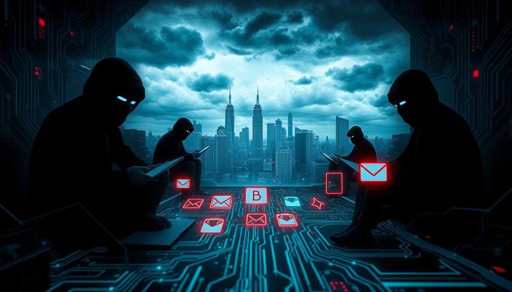 A dark, cybernetic landscape depicting a looming threat of data breaches influenced by artificial intelligence. In the foreground, a stylized, abstract representation of a computer system with glowing circuits, intertwined with ominous shadowy figures representing hackers, cloaked in digital disguises. The middle ground features a range of icons symbolizing phishing and scams, such as fraudulent emails and social engineering tactics, all highlighted with a subtle red hue to convey danger. The background showcases a city skyline under a stormy sky, hinting at the pervasive reach of AI in everyday life. The image is illuminated by eerie blue and green lights, creating a tense, foreboding atmosphere reminiscent of a cyberpunk aesthetic. The composition is shot from a slightly low angle to emphasize the looming threat, enhancing the overall feeling of vulnerability and unease.
