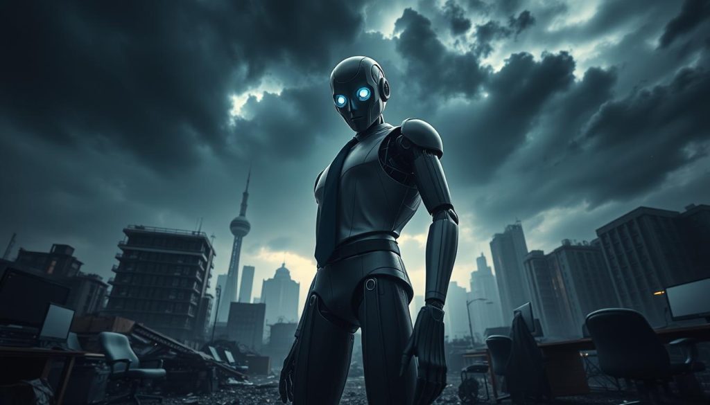 A dramatic scene depicting the theme of "machine learning threats". In the foreground, a sleek, humanoid robot in professional attire stands ominously, its eyes glowing with a cold, blue light, symbolizing its advanced intelligence. The middle ground features chaotic elements like crumbling structures and distressed office equipment, suggesting unintended consequences of AI gone wrong. In the background, a dystopian cityscape is shrouded in unsettling shadows, with dark clouds swirling overhead, hinting at despair and uncertainty. The lighting is moody and cool-toned, casting long shadows that enhance the tension. Capture this scene from a low angle, emphasizing the robot as a towering figure, creating a sense of unease about the power and unpredictability of AI. The overall atmosphere should evoke feelings of apprehension and intrigue.