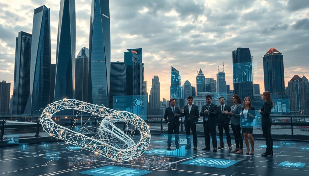 A futuristic cityscape, dominated by sleek, reflective skyscrapers, symbolizes advanced artificial intelligence. In the foreground, a large, abstract representation of a paperclip, intricately designed, appears tangled in a web of glowing circuits and digital data flows, representing unintended consequences. Several holographic displays illuminate the scene with graphs and infographics depicting potential AI risks. In the middle ground, a group of diverse professionals in business attire, engaged in a serious discussion, gesture towards the holograms. The background features a cloudy sky with a subtle hint of sunset, casting warm tones on the technology below. The atmosphere is tense yet thought-provoking, highlighting both the promise and peril of AI advancements, evoking a sense of urgency and contemplation. Use soft lighting to create depth and intrigue, capturing viewers' attention without overwhelming the visual composition.