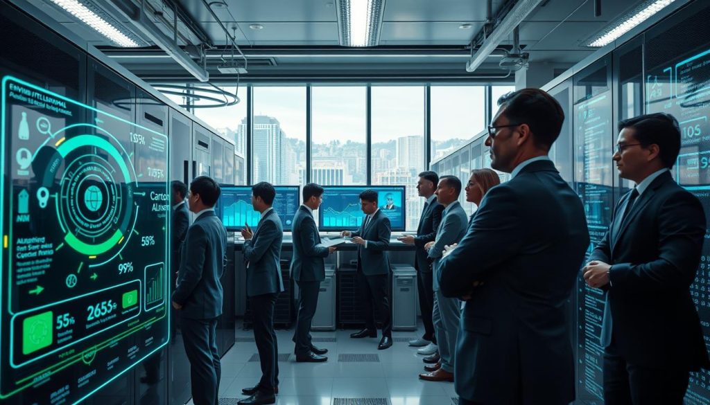 A futuristic data center buzzing with activity, showcasing a diverse group of professionals in smart business attire, intently engaged in training artificial intelligence models. The foreground features a glowing holographic interface displaying complex algorithms and environmental statistics, such as carbon and water footprints. In the middle ground, technicians are seen interacting with servers, while screens exhibit data trends related to AI's impact on social media discourse. The background displays large windows revealing a cityscape, with green spaces interspersed among high-tech buildings, symbolizing the balance between technology and nature. The lighting is bright and focused, casting a contemporary, optimistic atmosphere that highlights the urgency of environmental considerations in AI training. Shot from a low angle to emphasize the scale of technology in a modern office setting.