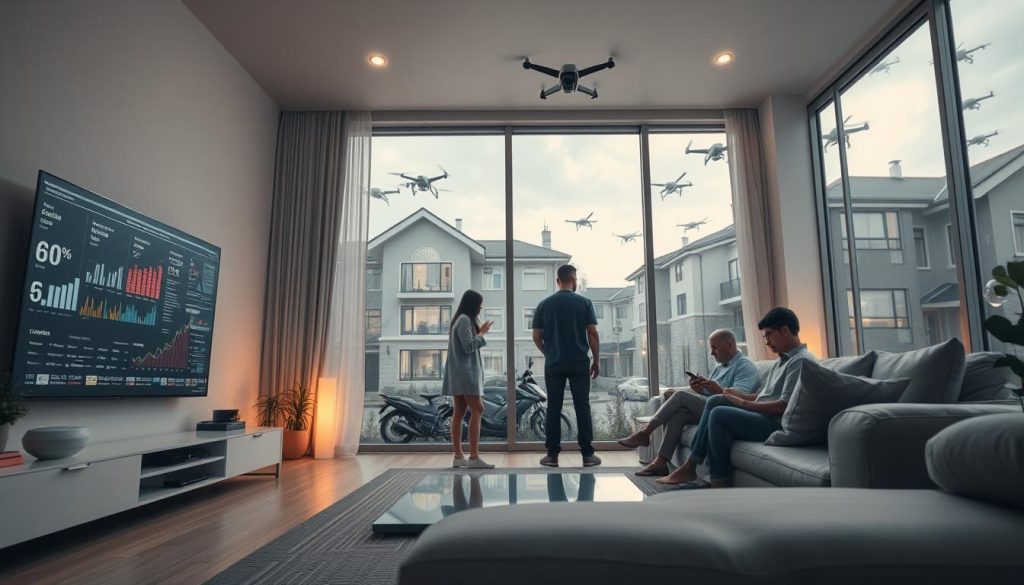 A futuristic smart home interior, showcasing advanced AI technology and its risks. In the foreground, a sleek, stylish living room with smart devices like a voice assistant hub and automated lighting. A large screen displays analytics and surveillance data, creating a sense of unease. In the middle ground, a family is visible, each member absorbed in their devices, reflecting detachment. The background features large windows revealing a high-tech neighborhood with drones flying overhead and CCTV cameras monitoring the streets. Soft, ambient lighting emphasizes a warm atmosphere, while shadows hint at hidden dangers. The angle is slightly tilted, enhancing a feeling of instability and tension, conveying the mood of both convenience and surveillance.