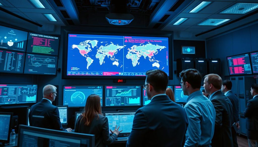 A high-tech control room filled with screens displaying cybersecurity data and analytics dashboards, depicting an atmosphere of vigilance and oversight. In the foreground, a diverse group of professionals in business attire engage in a focused discussion, analyzing data on a large touchscreen. The middle ground showcases a large digital map with real-time threat alerts highlighted in red, emphasizing the urgent nature of cybersecurity. The background features sleek, modern technology, including server racks and advanced monitoring equipment, all under cool blue lighting that conveys a sense of professionalism and urgency. The image captures a mood of alertness and determination in the face of cyber threats. The camera angle is slightly elevated, giving a comprehensive view of the bustling control room.