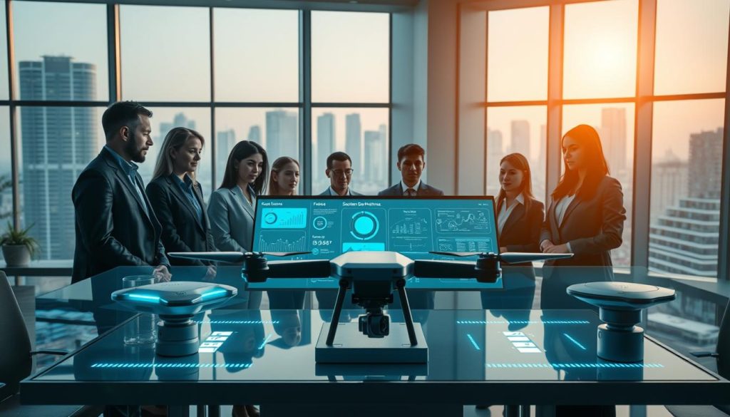 A modern digital workspace depicted in a sleek, tech-savvy environment. In the foreground, a diverse group of professionals in business attire are gathered around a large interactive screen displaying data analytics and diagrams related to social media defense measures. In the middle ground, strategically placed tech gadgets like drones and AI monitoring stations symbolize advanced defense technologies. The background features large windows showing a futuristic cityscape, bathed in soft, ambient lighting that creates a hopeful yet serious atmosphere. Use a wide-angle lens to capture the collaborative essence of teamwork, while ensuring the overall mood conveys focus and urgency in tackling AI-related challenges.