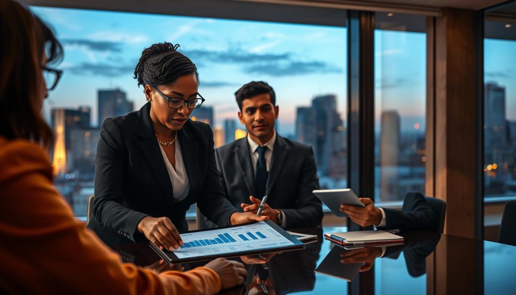 A professional boardroom setting focused on governance oversight, with a diverse group of three individuals in business attire engaged in a collaborative discussion. In the foreground, a middle-aged Black woman is analyzing a set of charts displayed on a digital screen, symbolizing transparency in data. In the middle, a young South Asian man takes notes, conveying accountability and active participation. In the background, a window reveals a city skyline at dusk, where warm, soft lighting creates a calm atmosphere that emphasizes trust and professionalism. The scene captures a sense of urgency and dedication to ethical governance. The angle should be slightly elevated, offering a clear perspective of the interactions among the individuals, with dramatic yet subtle lighting enhancing the mood of collaboration and oversight.