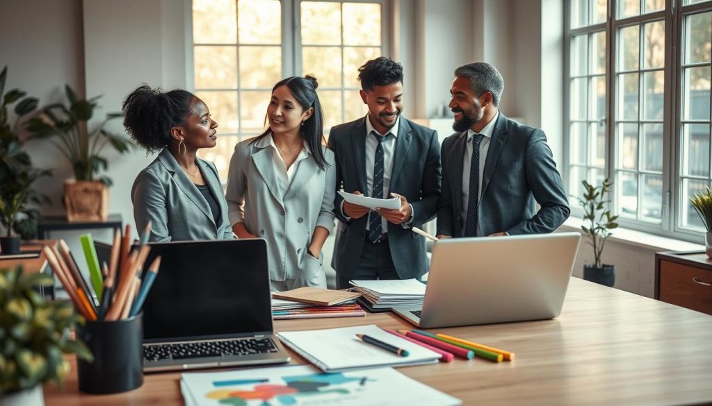 A serene workspace depicting the concept of "safety" for creative professionals. In the foreground, a well-organized desk features a laptop, sketchbook, and colorful art supplies, symbolizing creativity. A potted plant adds a touch of life, suggesting a nurturing environment. In the middle ground, three diverse individuals—two artists and a writer—are engaged in a collaborative discussion, dressed in professional business attire. Their expressions are focused yet relaxed, conveying a sense of community and support. The background showcases a cozy office space with warm, natural light filtering through large windows, creating an inviting atmosphere. The overall mood is one of encouragement and empowerment, emphasizing safety and collaboration in creative fields.