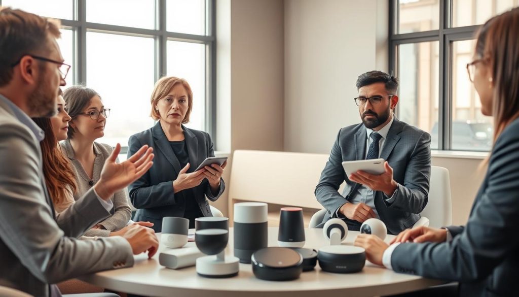 A thoughtful and diverse group of professionals engaged in a discussion about the ethical implications of smart home devices. In the foreground, a middle-aged woman in a smart casual outfit is gesturing while explaining her concerns. Beside her, a young man in a business suit listens intently, taking notes. In the middle, a round table covered in digital devices, like smart speakers and security cameras, symbolizes the technology being discussed. The background features a modern office with large windows, letting in warm, natural light that creates a balanced atmosphere of seriousness and collaboration. The overall mood is one of constructive dialogue, highlighting community perspectives on the challenges of smart home surveillance.