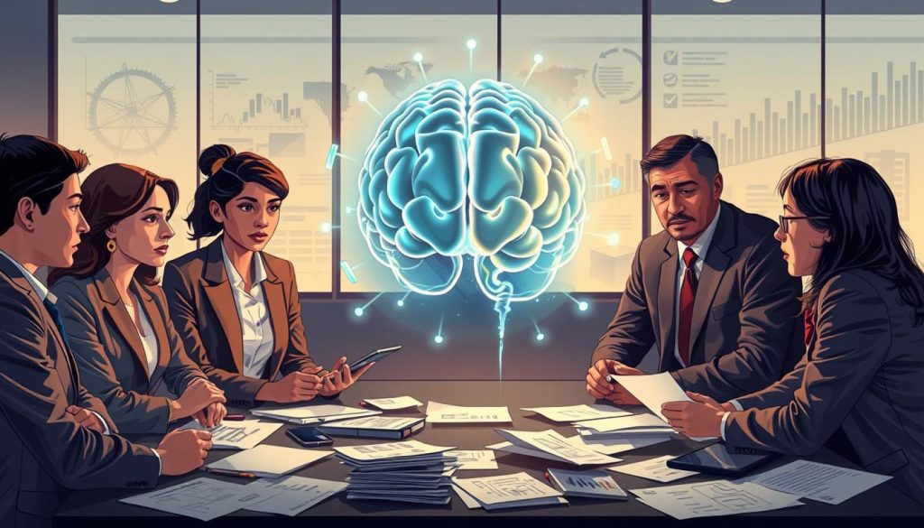 A thoughtful and serious illustration of ethical concerns in AI development. In the foreground, a diverse group of professionals in business attire (a woman of Asian descent, a Black man, and a Hispanic woman) are engaged in a heated discussion, surrounded by scattered papers and digital devices. In the middle, a large, semi-transparent holographic representation of an AI brain emitting soft blue and green light, symbolizing intelligence and potential dangers. The background features a high-tech office environment with abstract charts and graphs on glass walls, conveying a sense of urgency and innovation. The lighting is dramatic, with a focus on the hologram, casting shadows on the professionals' concerned faces, creating a mood of tension and contemplation about the future of AI.