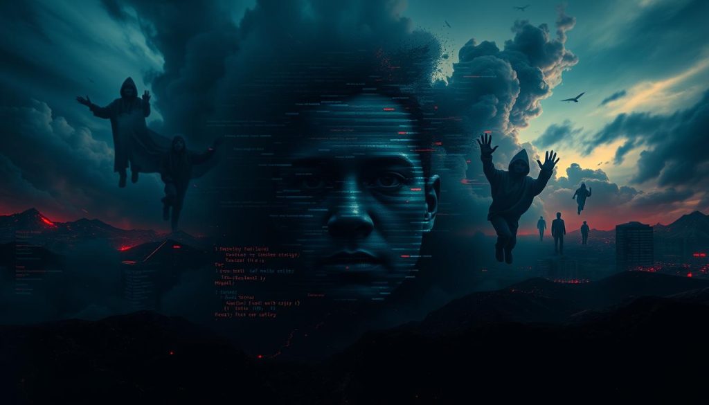A dark, surreal landscape depicting the chaos of misinformation. In the foreground, a fragmented digital face, glitching and pixelating, representing deepfakes and altered perceptions. The middle ground features a swirling mass of computer code and distorted news headlines, merging with ghostly figures that symbolize influence operations. The background consists of ominous cloud formations and a digital matrix, suggesting a turbulent online environment. The color palette is a mix of dark blues and vibrant reds, creating an unsettling and tense atmosphere. Soft, dim lighting highlights the glitching face while casting shadows, enhancing the sense of lurking danger. The perspective is from a low angle, emphasizing the grandeur of the misinformation phenomena. Overall, the scene evokes a mood of anxiety and mistrust in the digital age.