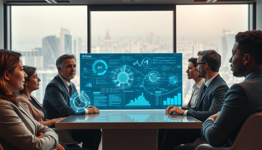 A futuristic conference room setting, conveying a sense of accountability in decision-making. In the foreground, a diverse group of business professionals, dressed in smart attire, engaged in a serious discussion over vibrant holographic displays of interconnected data and charts. Their expressions reflect concentration and determination. In the middle ground, a large transparent digital screen features complex algorithms and visualizations representing AI decision-making processes. The background showcases large windows revealing a bustling cityscape, symbolizing the wider world affected by technology. Soft, focused lighting highlights the key elements, while a warm color palette creates an atmosphere of thoughtful engagement and seriousness about the implications of AI. The image should convey clarity, purpose, and the importance of making complex information accessible.